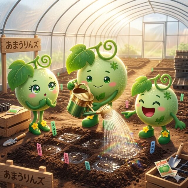 あまうりんズがジョーロで潅水する様子（AI生成）