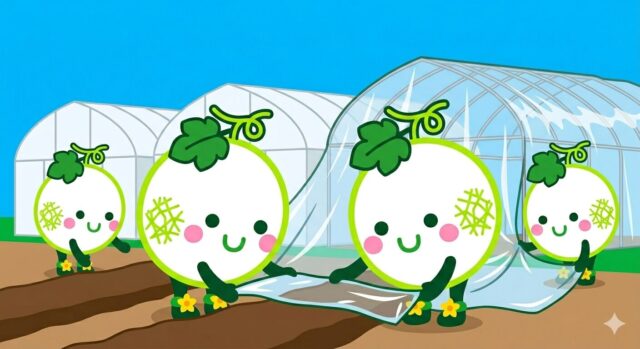 山形県酒田市の小林直太郎農園で、青空の下、ビニールハウスのフィルムを張り替える様子と、メロンの種まき準備が整った育苗トレーの様子。